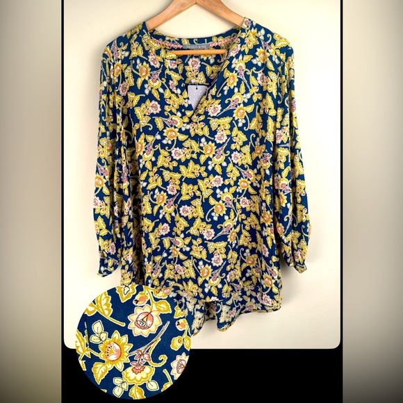 Daniel Rainn NWT Women's Floral V-Neck Rayon Blouse Roll Tab Sleeve Size XL BOHO - Picture 1 of 11